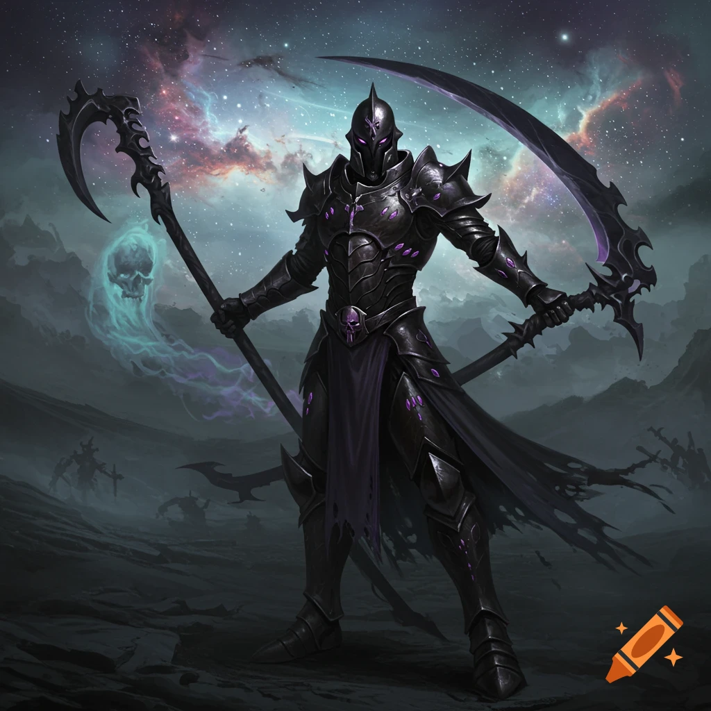 A dark armored figure with two scythes stands on a desolate landscape under a cosmic nebula sky with a glowing skull.