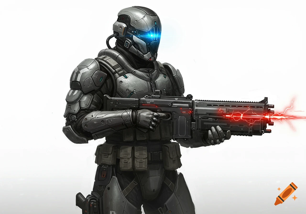 A futuristic armored soldier holding a glowing red laser rifle on a white background.