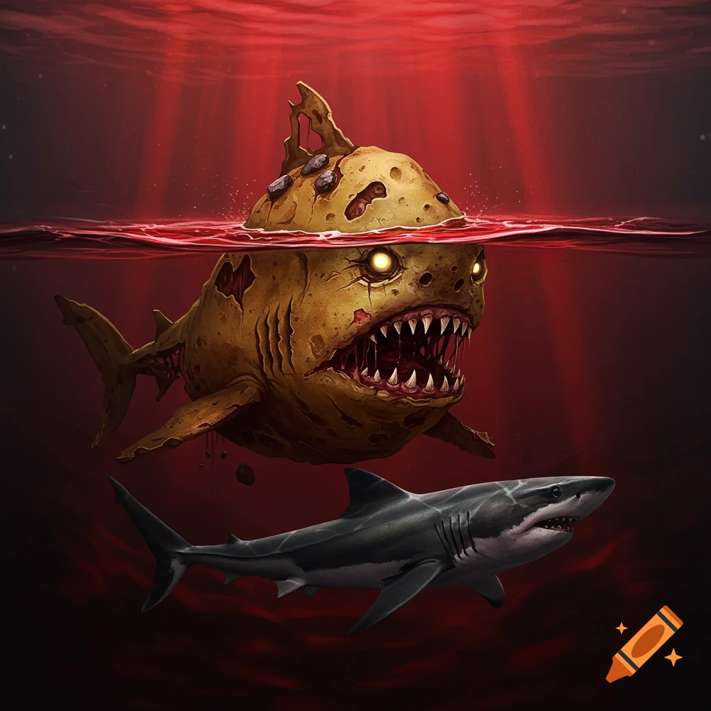 An illustration of a grotesque zombie shark with glowing eyes partially out of red water, with a normal shark swimming below it.