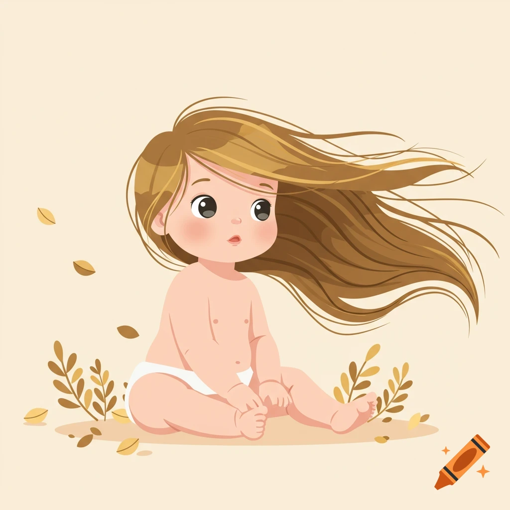 A cartoon baby with long brown flowing hair and a white diaper sits among scattered leaves.