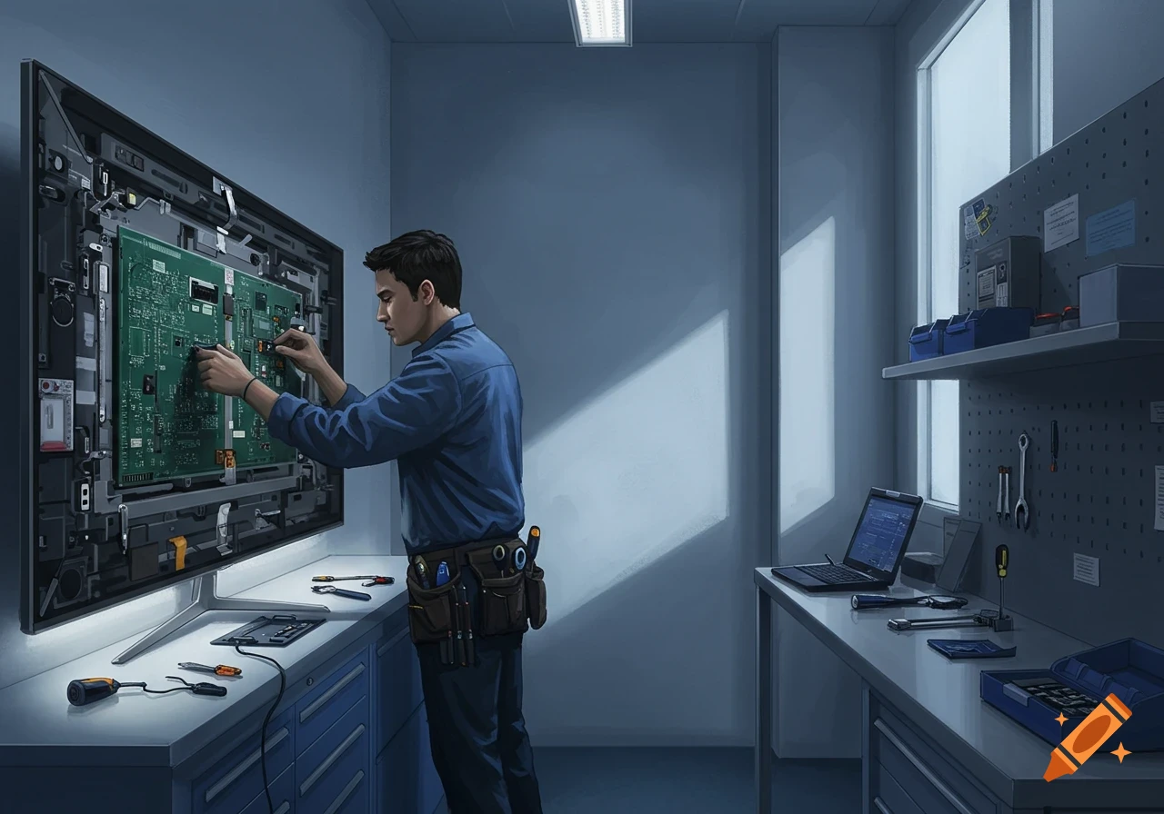 An illustration of a technician in a workshop repairing a large TV, working on its internal circuit board, with tools nearby.