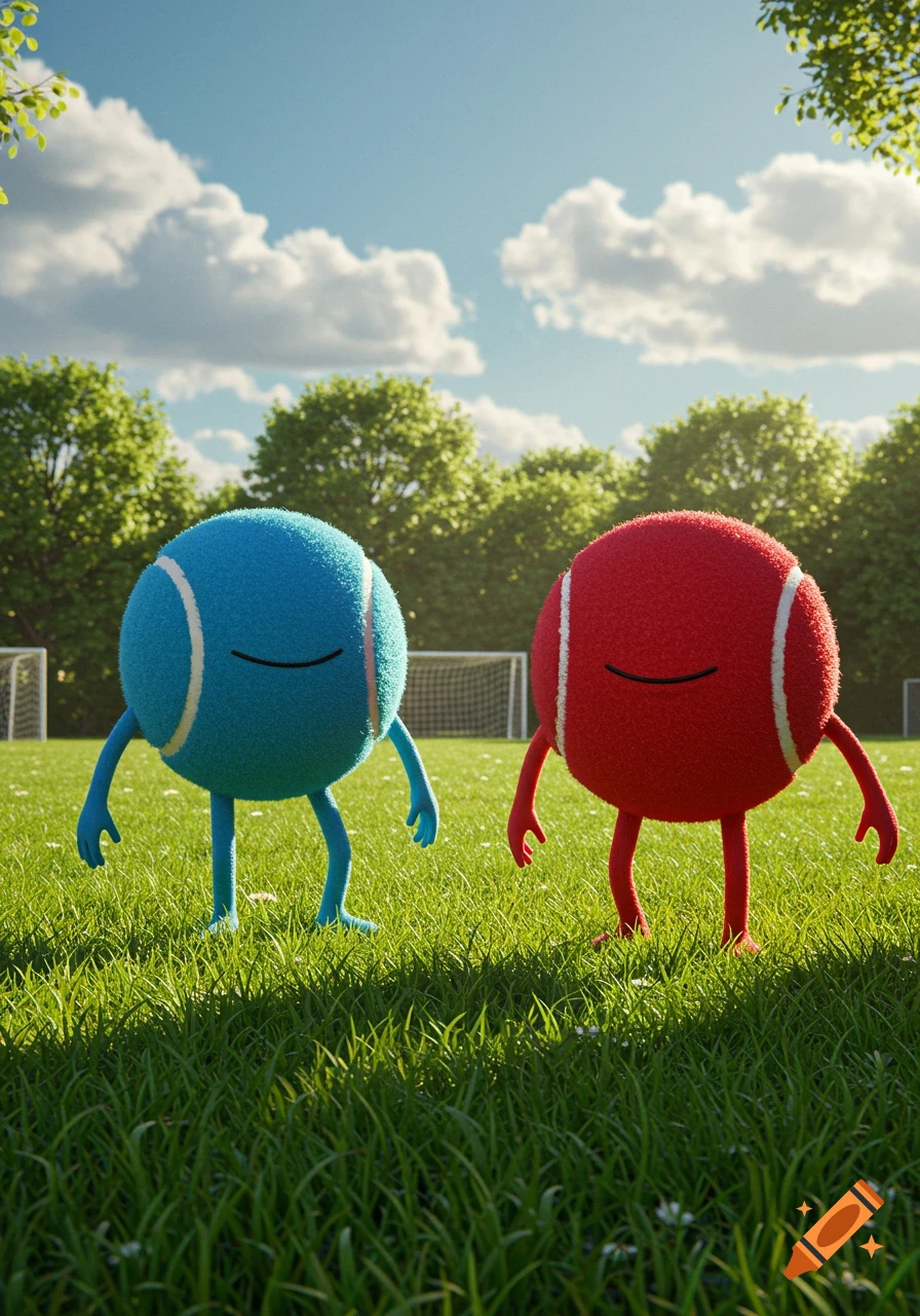 A blue and a red tennis ball character with arms and legs stand on a green soccer field with goalposts under a blue sky. Photorealistic 3D.