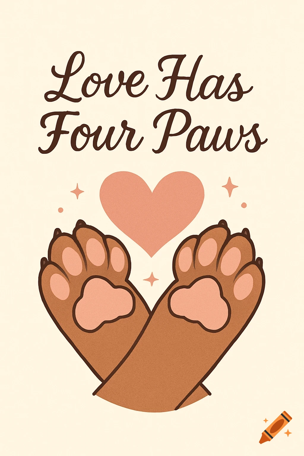 A vector illustration features two brown animal paws forming a heart shape, with the text 'Love Has Four Paws' above, on a cream background with small sparkles.