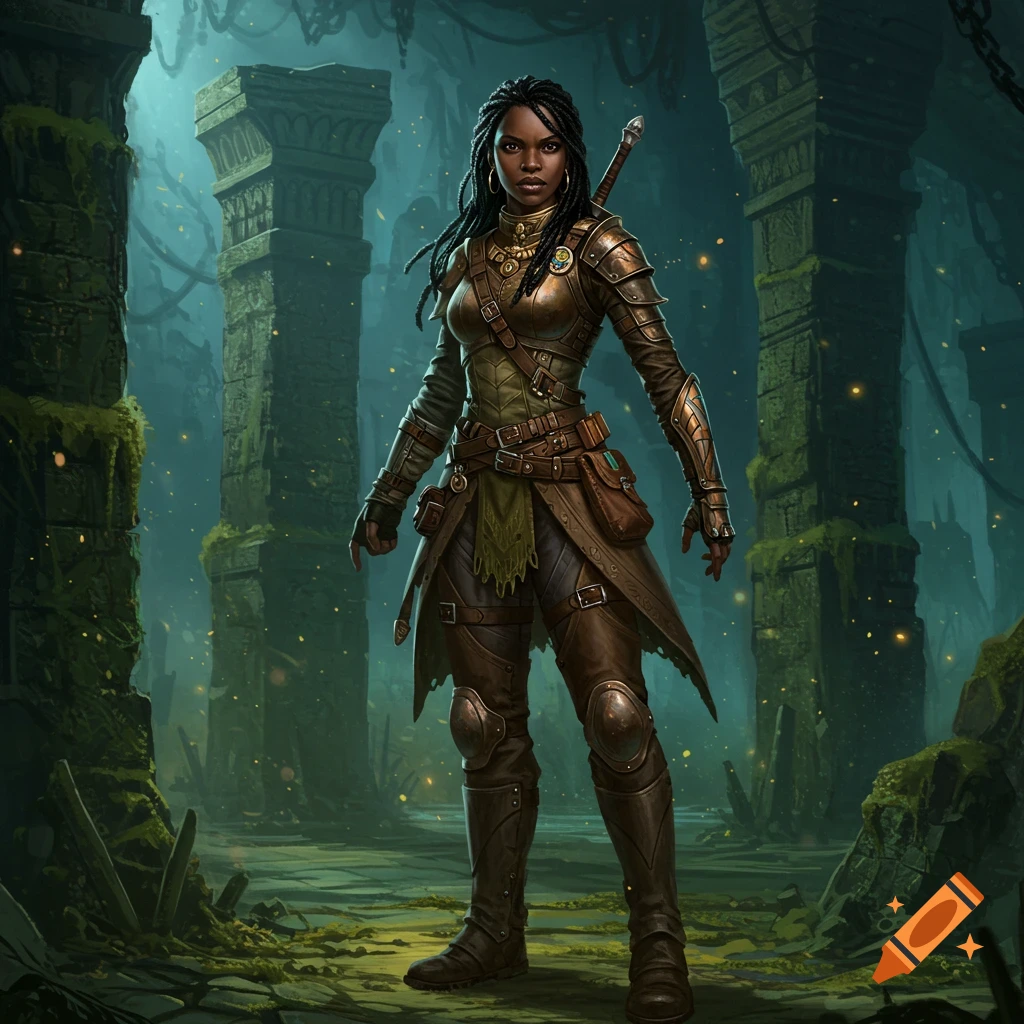 A Black female treasure hunter in elaborate leather armor stands in a mossy, overgrown ancient ruin, holding a sword.