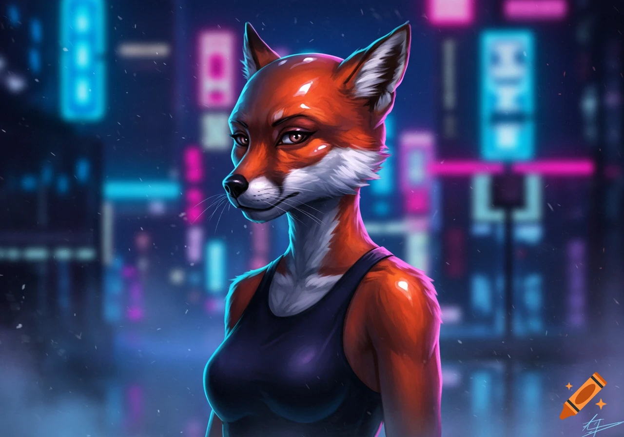 An anthropomorphic fox woman in a tank top stands in a neon-lit cyberpunk city at night, digital art.
