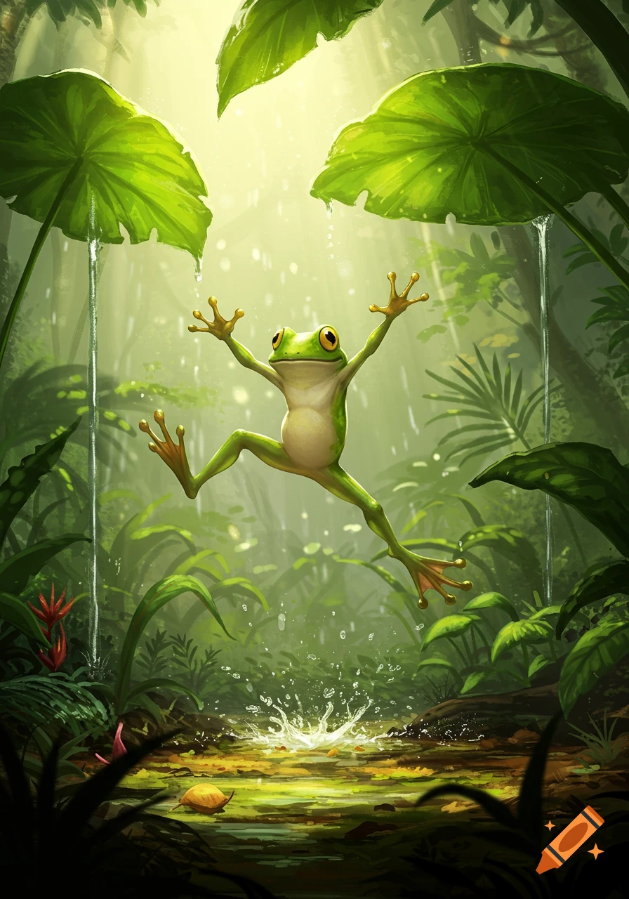 A vibrant green frog leaps with outstretched limbs, splashing into a puddle in a lush, rainy jungle under large leaves, in a digital art style.