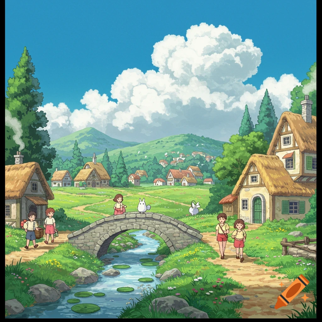 Ghibli-style anime illustration of children and forest spirits in a lush green village landscape with a stone bridge over a river.