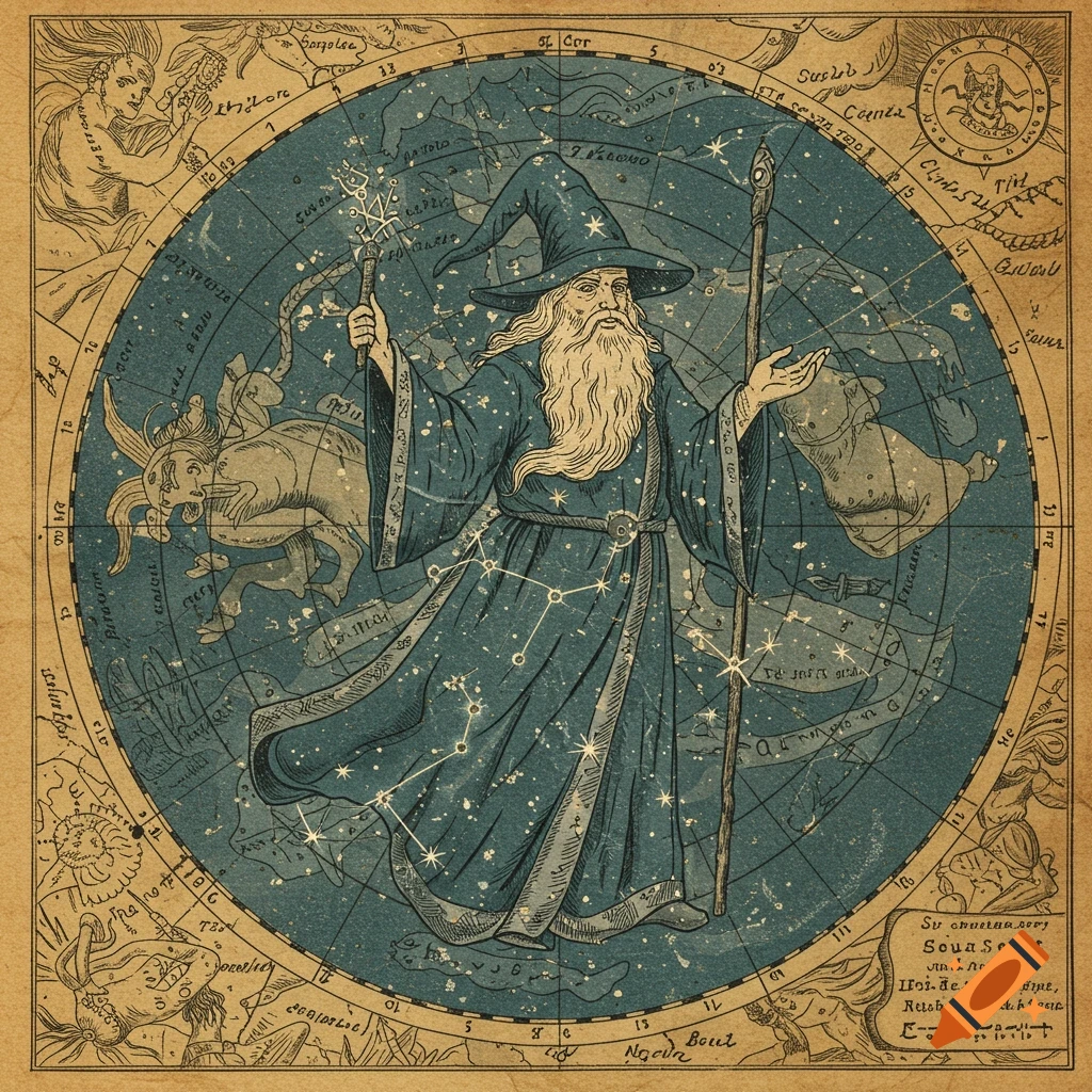 Vintage illustration of a wizard in a star-spangled robe and hat, holding a staff, centered on an antique celestial map.