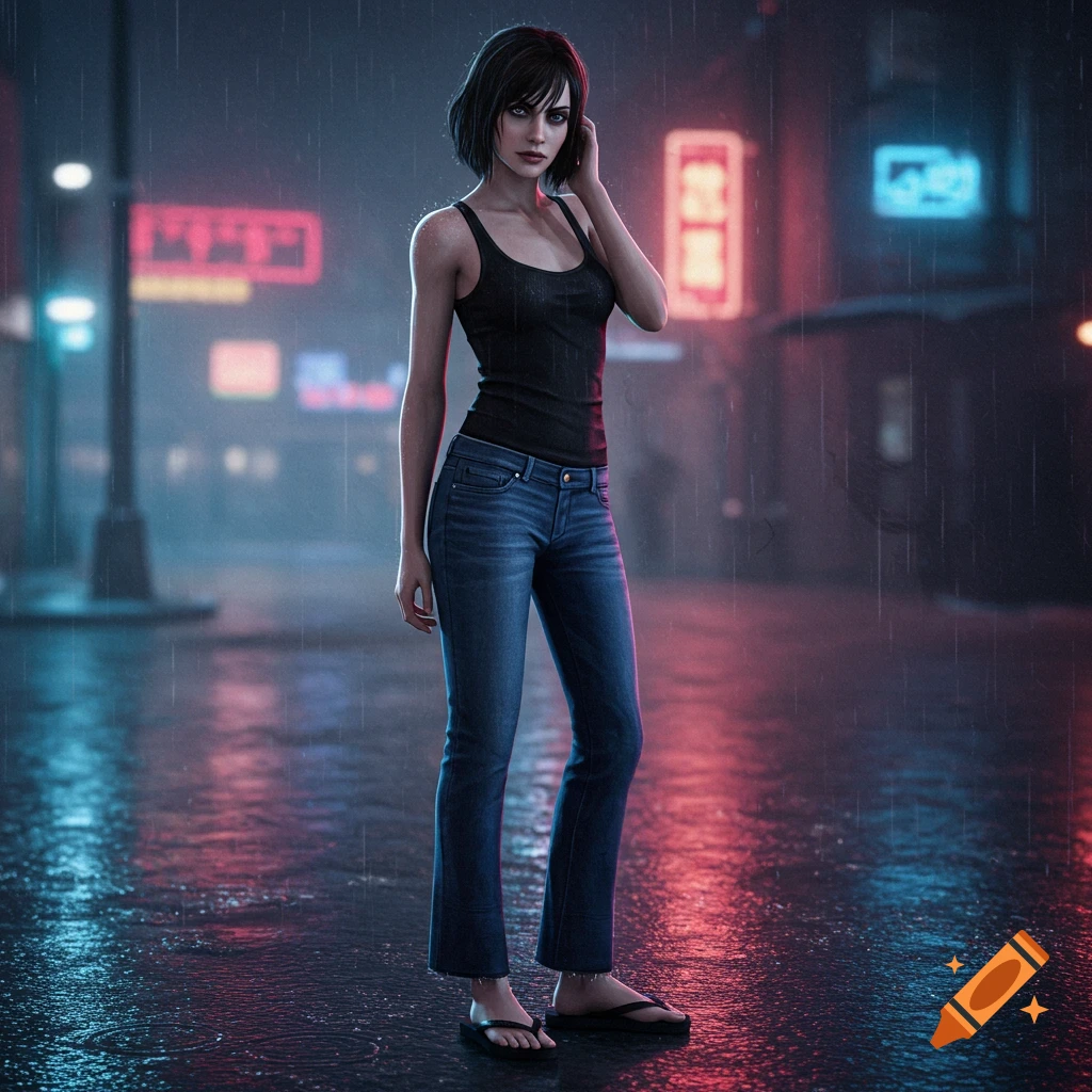 Photorealistic portrait of a young woman in a black tank top and blue jeans standing on a rainy city street at night with neon signs.