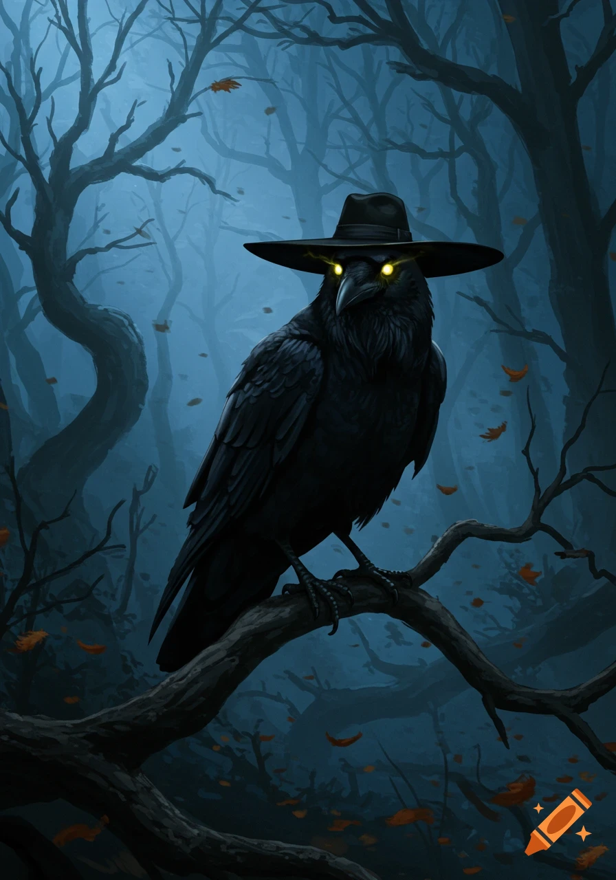 A majestic black raven with glowing yellow eyes and a wide-brimmed black hat perches on a branch in a dark, misty forest.