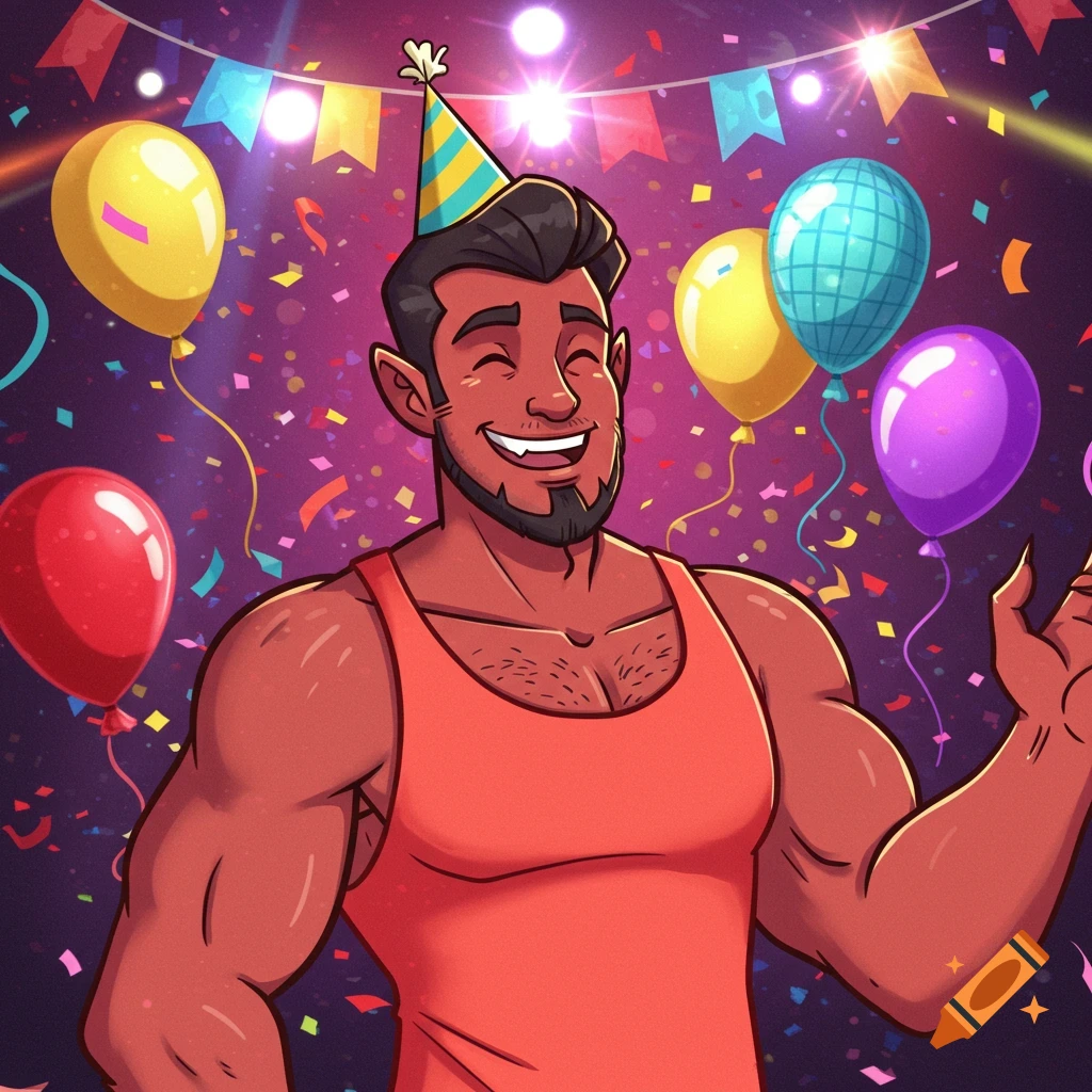 Cartoon man with dark hair and beard, wearing a party hat and tank top, smiling at a vibrant party with balloons and confetti.