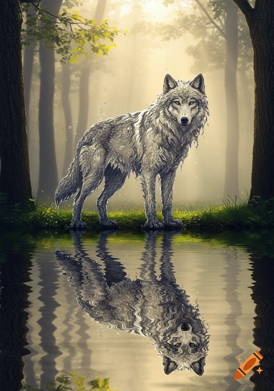 A grey wolf with wet fur stands by still water in a misty forest, its reflection visible below.