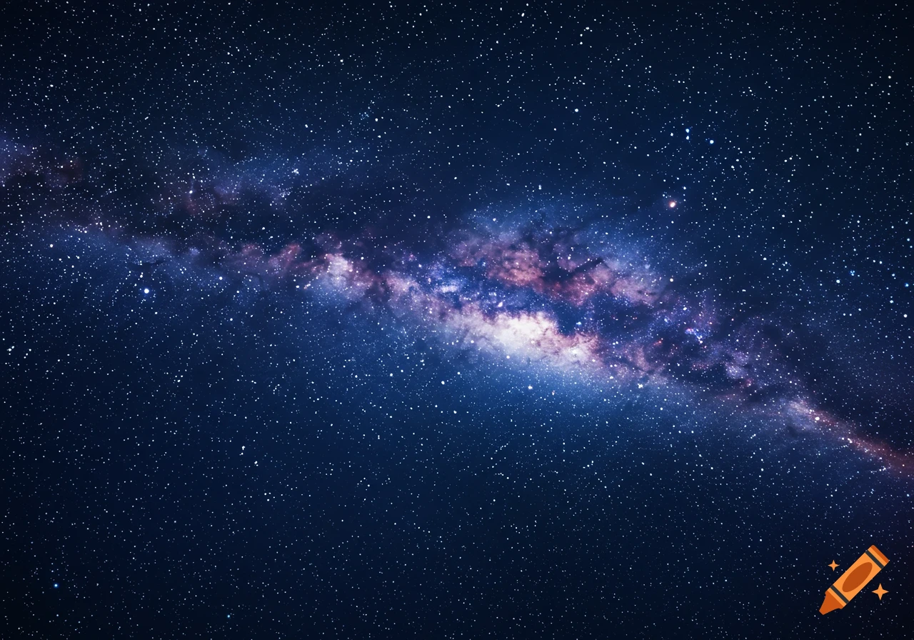 The Milky Way galaxy stretches across a dark, star-filled night sky, displaying vibrant blues, purples, and whites.