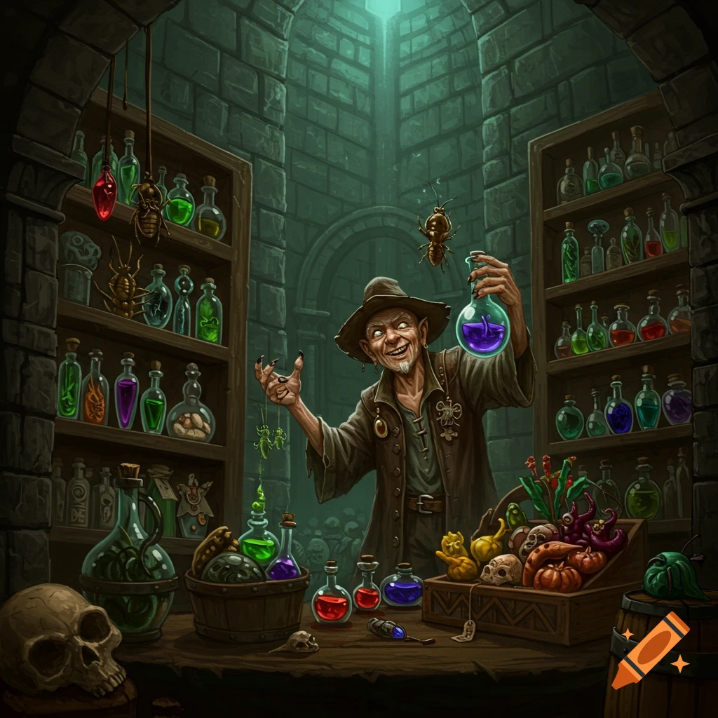 A devious old alchemist in a dark lab holds a purple potion, surrounded by shelves of strange ingredients, skulls, and bottled insects.