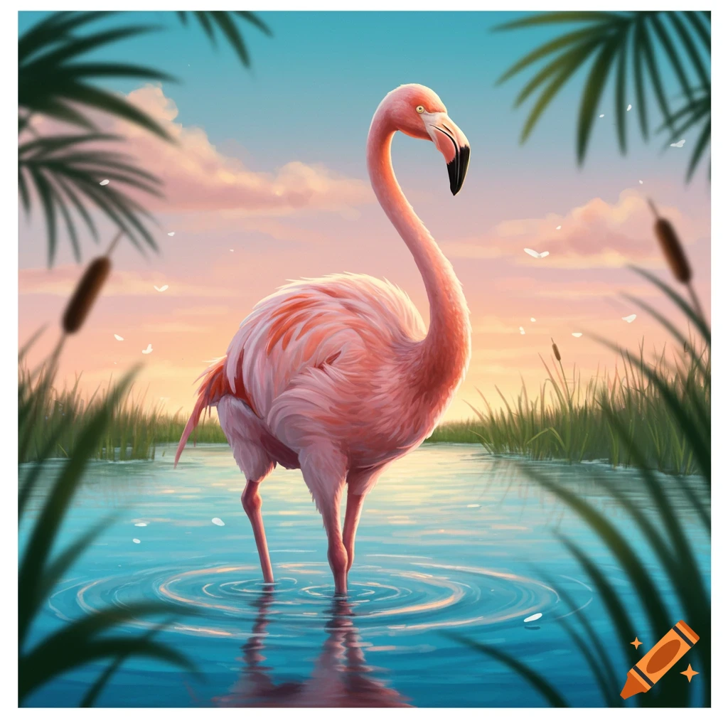 A vibrant pink flamingo stands gracefully in shallow water at sunset, surrounded by lush green reeds and palm fronds.