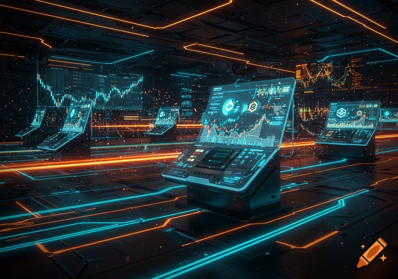 Futuristic data center with multiple glowing holographic screens displaying financial charts and data, connected by illuminated circuits.