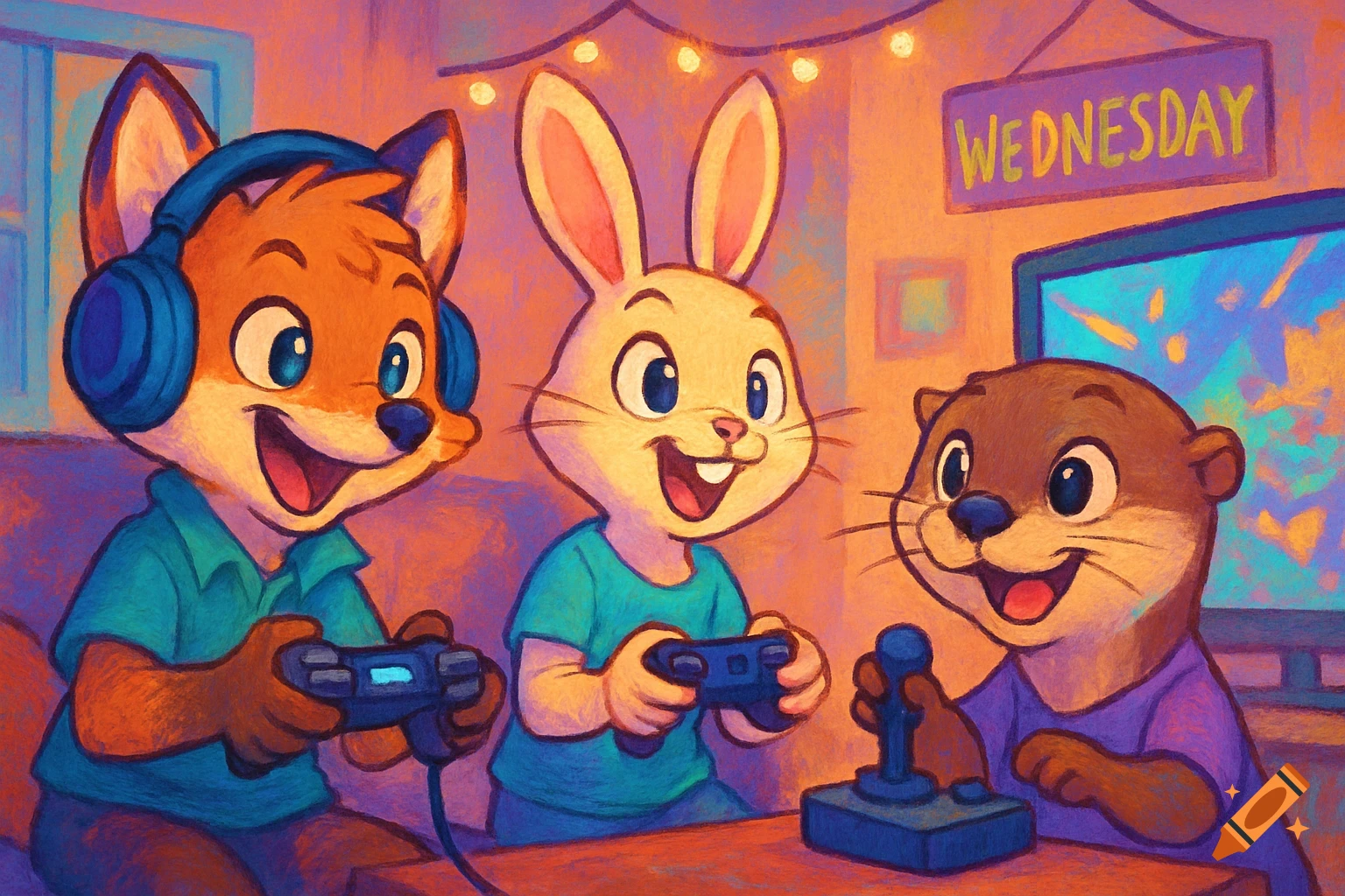 A fox, a rabbit, and an otter are happily playing video games in a warm, painterly art style. A 'WEDNESDAY' sign hangs above.