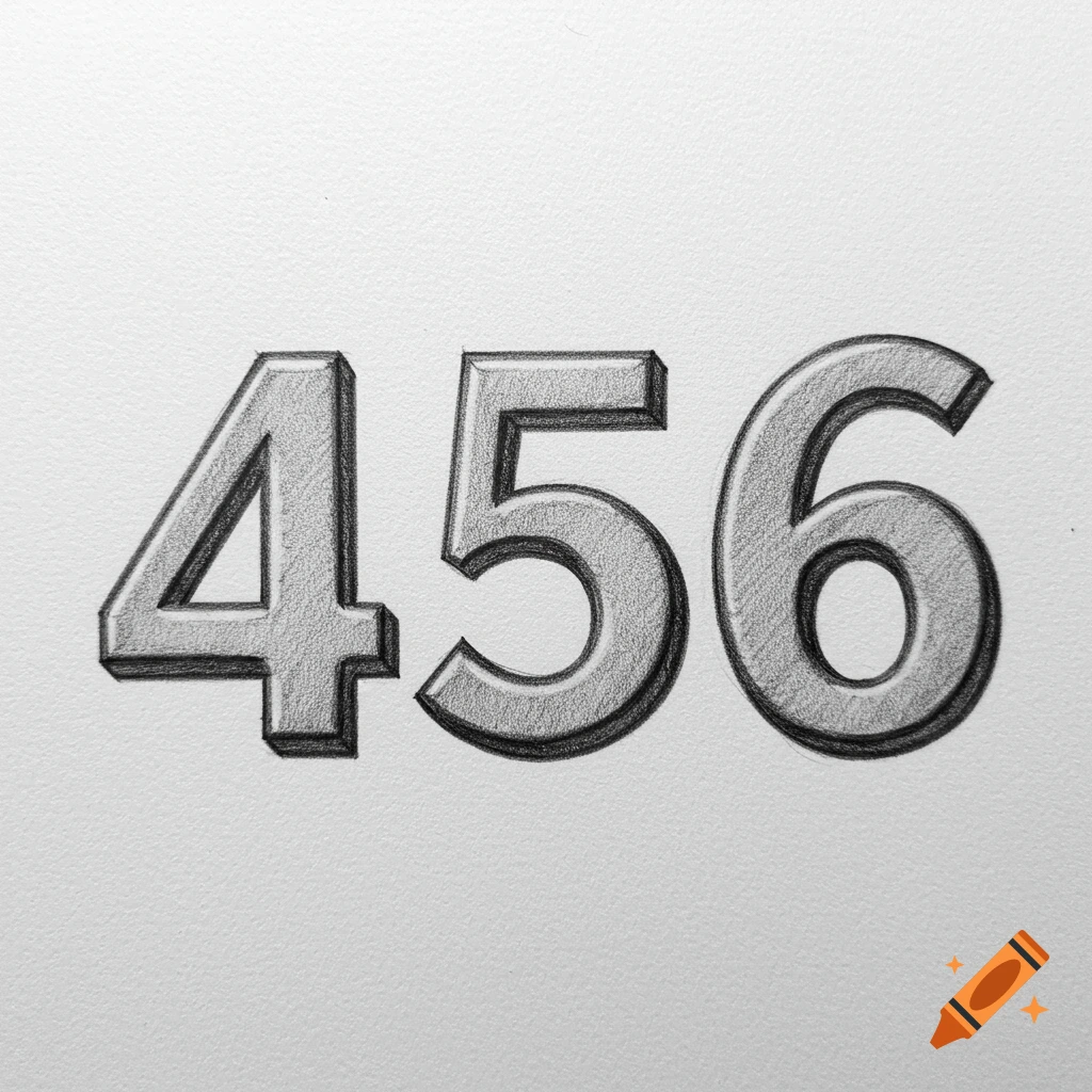 Graphite drawing of the numbers 456 with shadows on a white textured background.