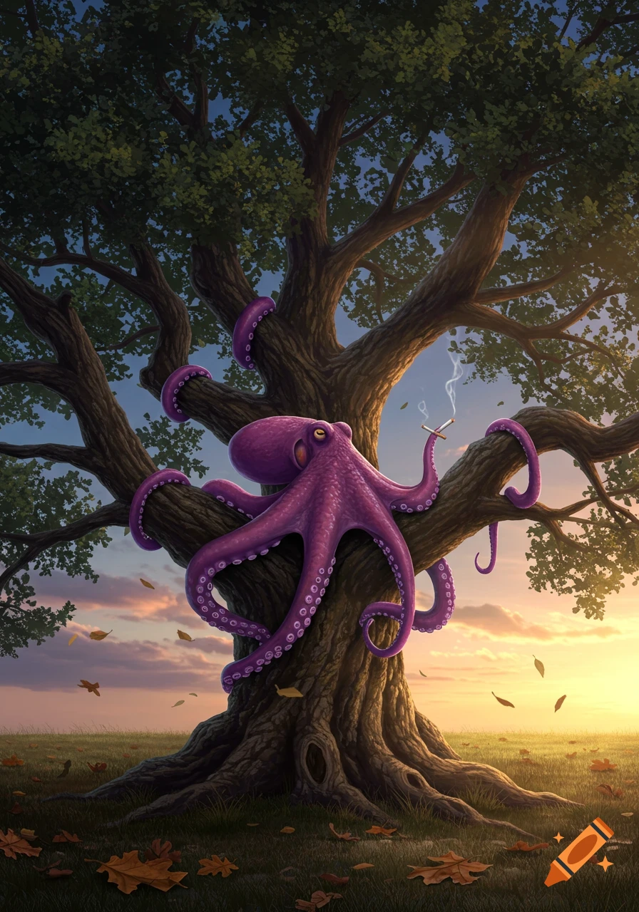 A vibrant purple octopus sits on a large tree branch, holding a lit cigarette, against a warm sunset landscape with falling leaves.