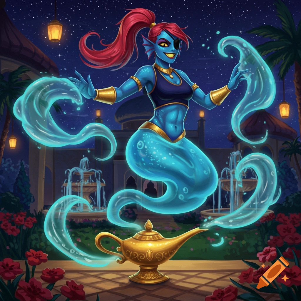 Blue-skinned Undyne genie with red hair, eyepatch, emerging from a golden lamp with swirling water in a moonlit garden.