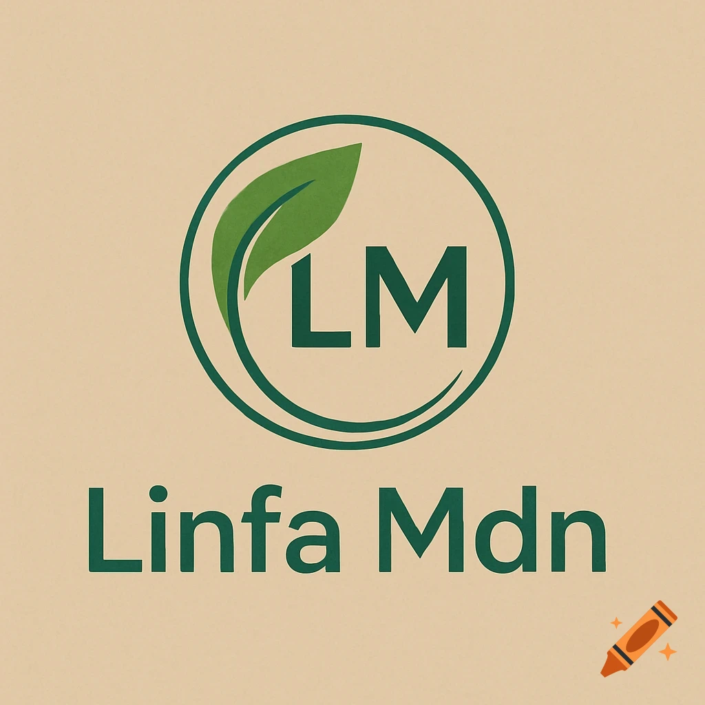 Green logo with a leaf, 'LM' inside a circle, and 'Linfa Mdn' text on a beige background.