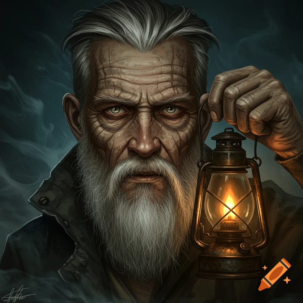 A grizzled old man with a white beard holds a lit lantern, looking sternly forward in a dark, moody setting.