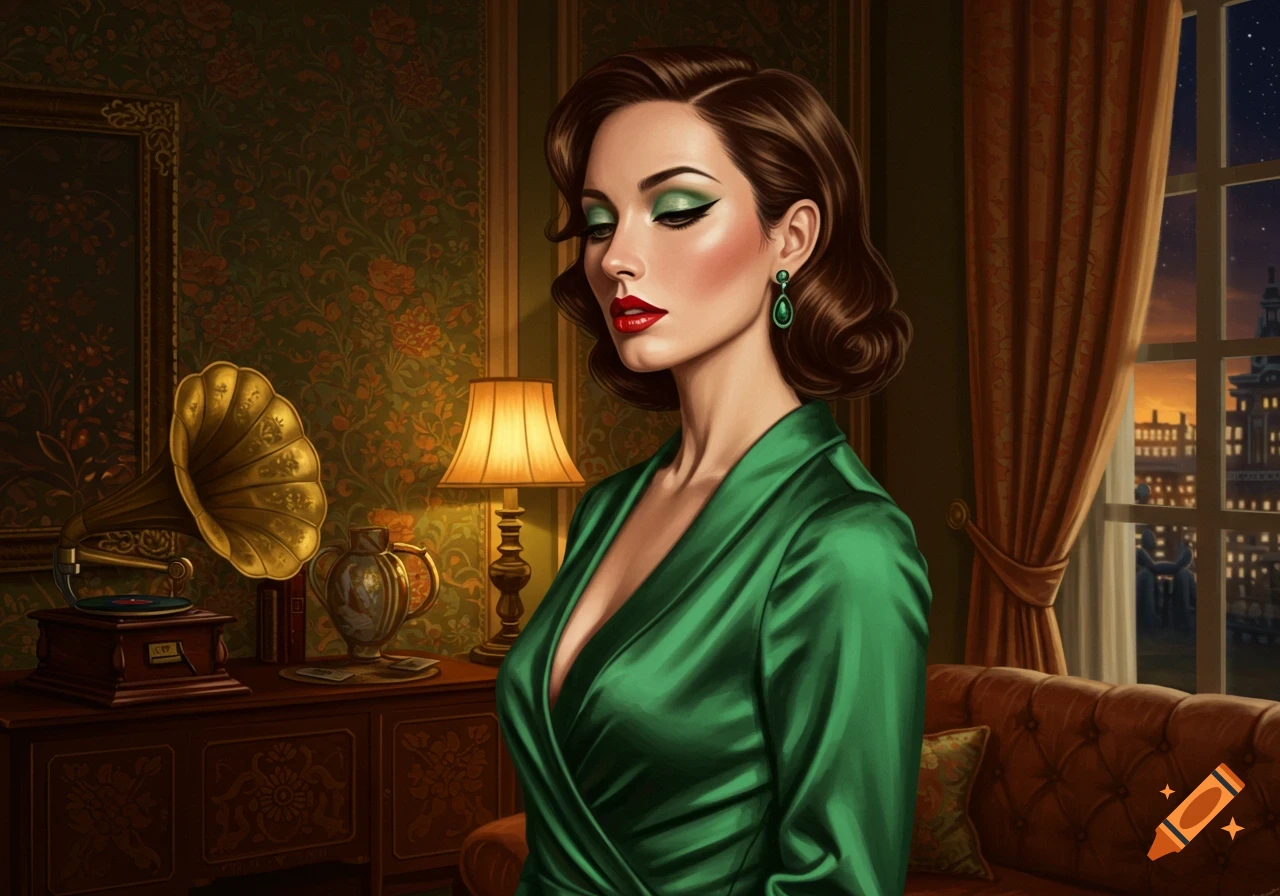 A stylish woman with retro makeup and green eyeshadow wears a green satin robe in a vintage room.