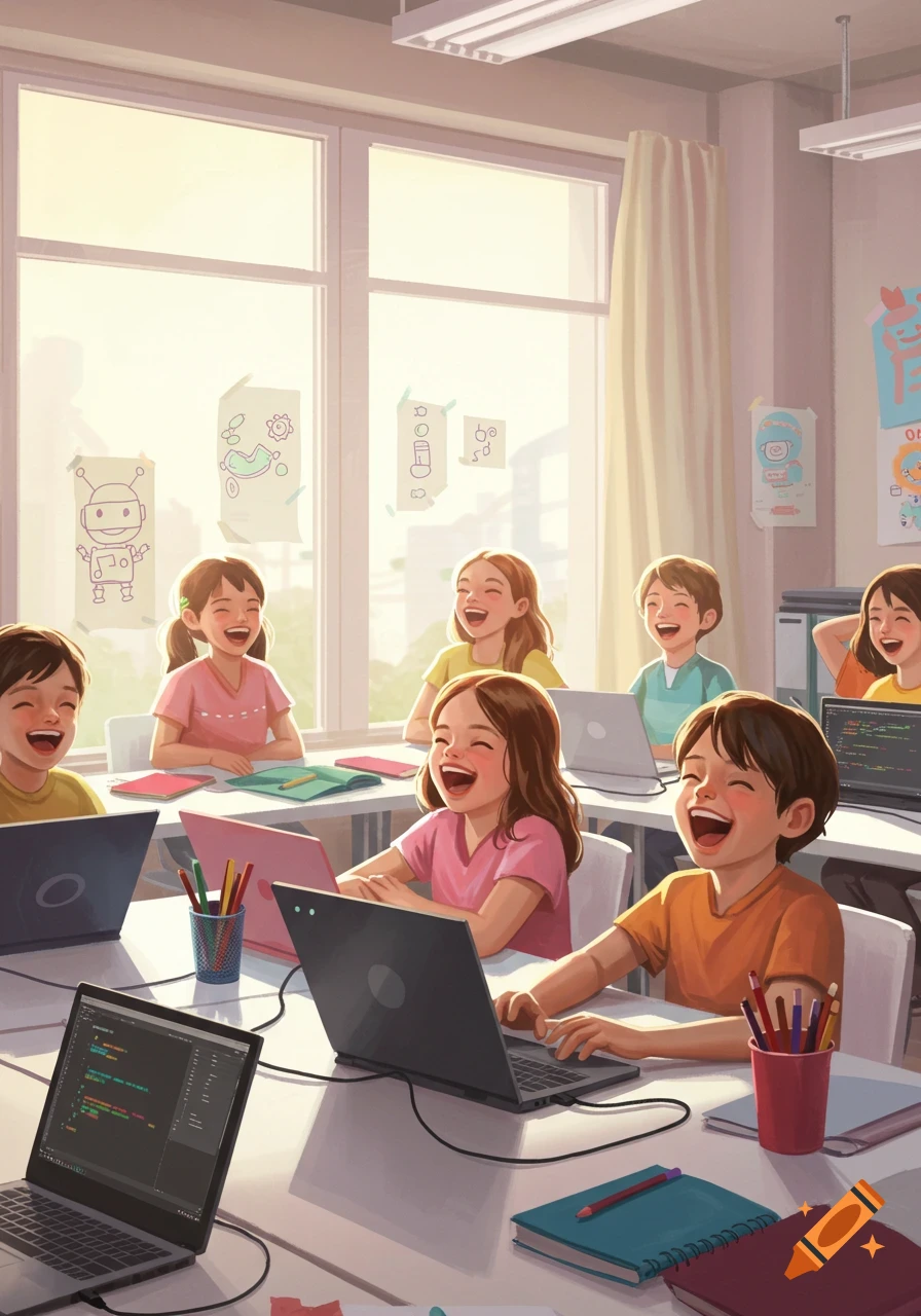 A classroom full of smiling and laughing kids, sitting at desks with laptops, appearing to be in a coding class. Sunlight streams in through large windows.