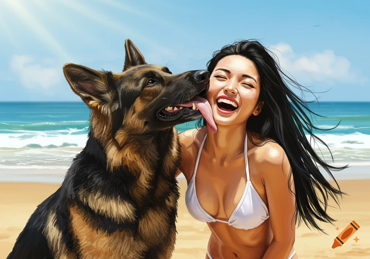 An illustrated German Shepherd licks the face of a giggling woman in a white bikini on a sunny beach.