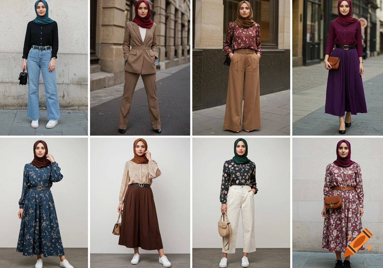 A collage of eight women in full-body shots, modeling diverse modest outfits with hijabs, including dresses, pantsuits, and skirts.