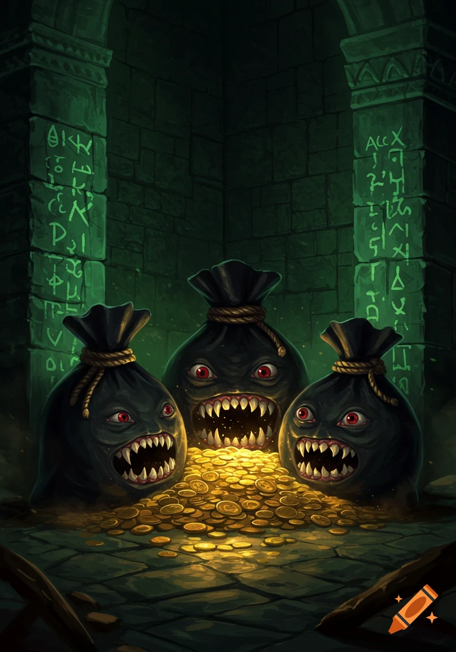 Three black, monstrous money bags with sharp teeth and red eyes overflowing with gold coins in a dark, eerie labyrinth corner.
