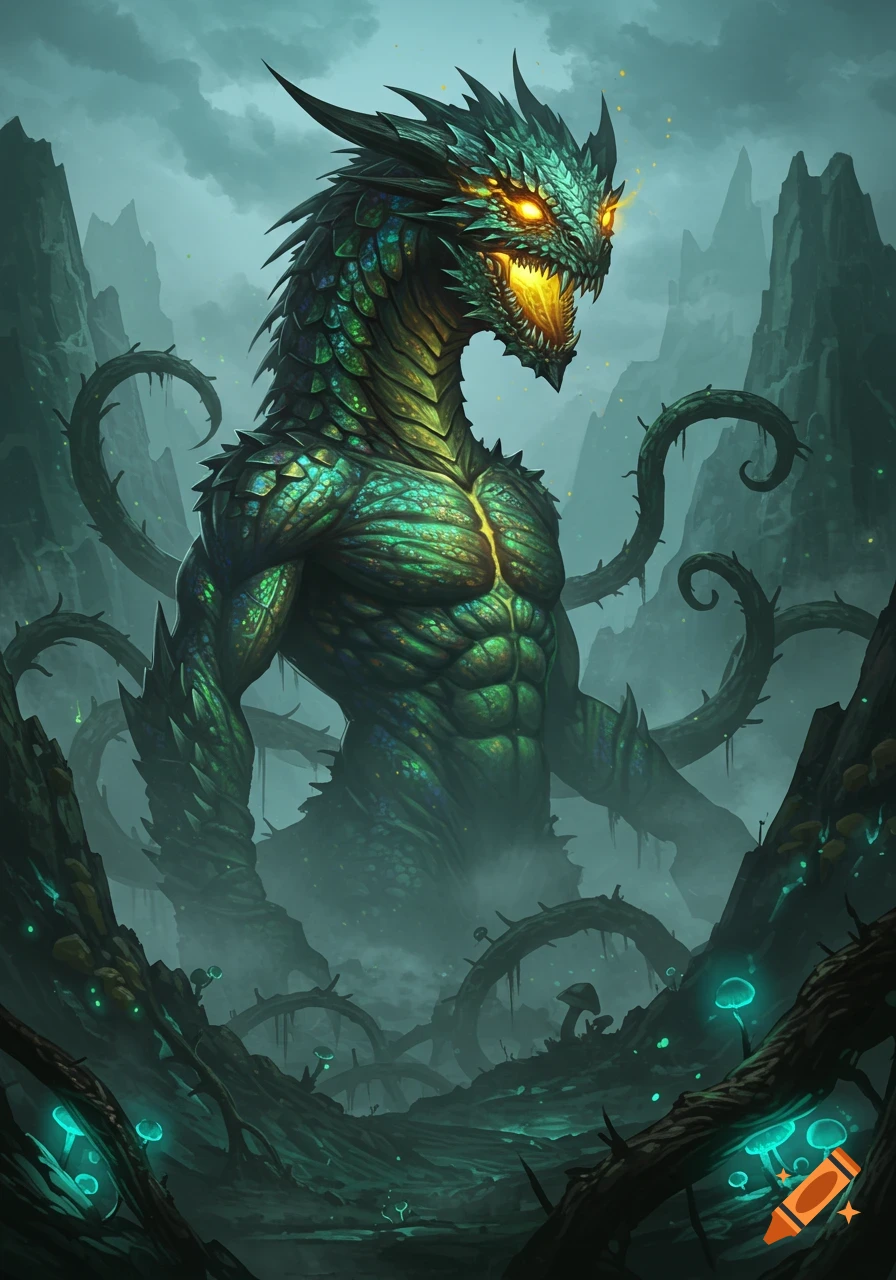 A large, green, scaly monster with glowing yellow eyes and sharp teeth stands in a dark, misty swamp with bioluminescent plants.