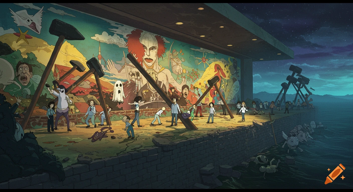 Animated surreal scene inspired by Pink Floyd's The Wall, with people dismantling a large mural on a crumbling platform by the sea at night.