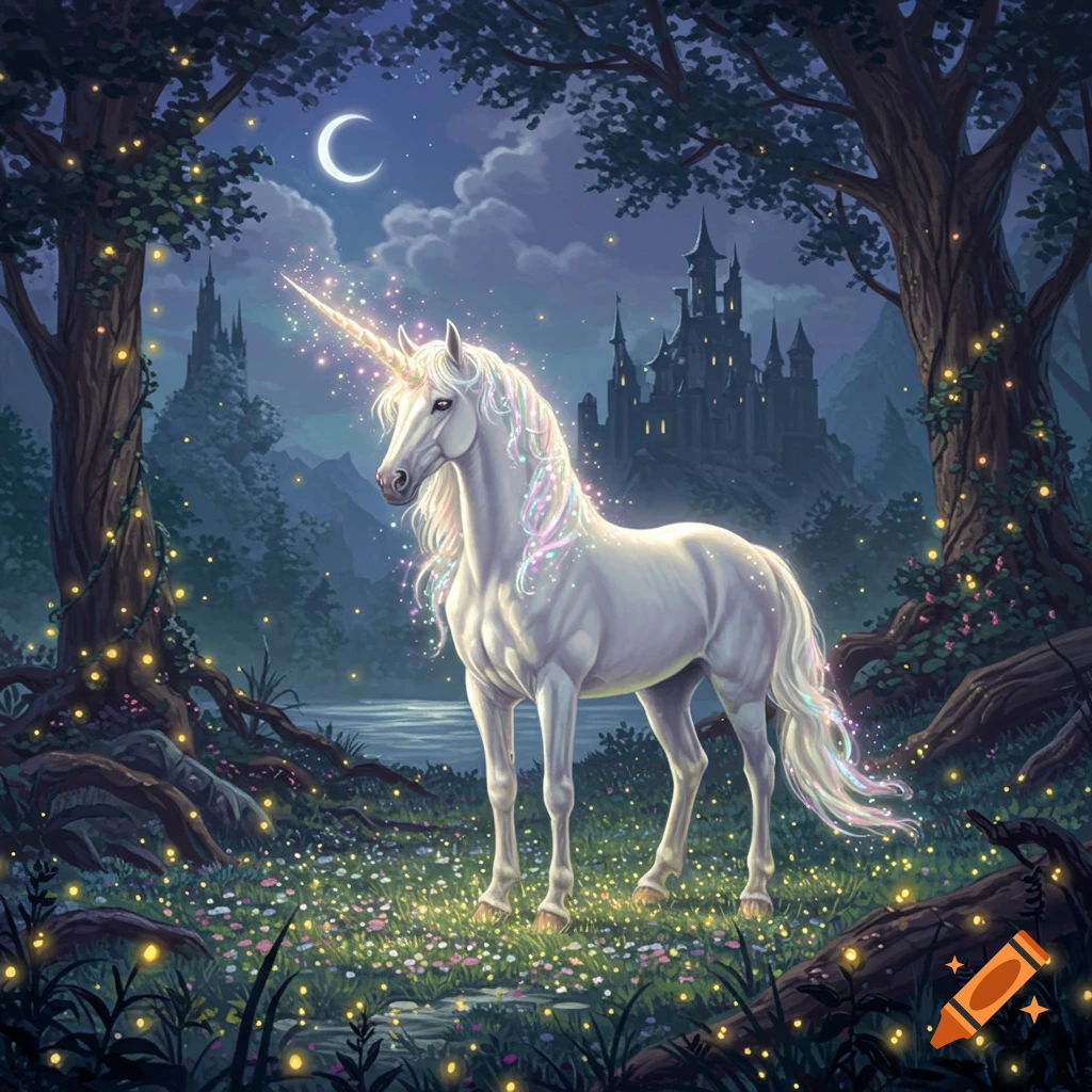 A white unicorn stands in a magical moonlit forest filled with glowing lights, with a distant castle under a crescent moon.
