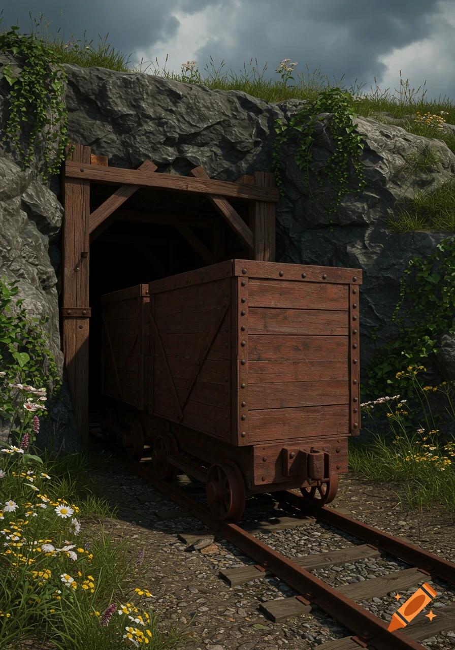 A rustic wooden minecart sits on tracks at the entrance of a dark mine shaft, surrounded by rocks, grass, and wildflowers under a cloudy sky.