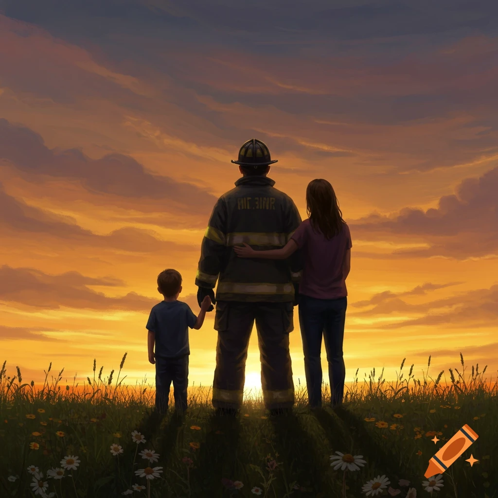 Illustration of a firefighter, his wife, and son from behind, standing in a field at sunset.
