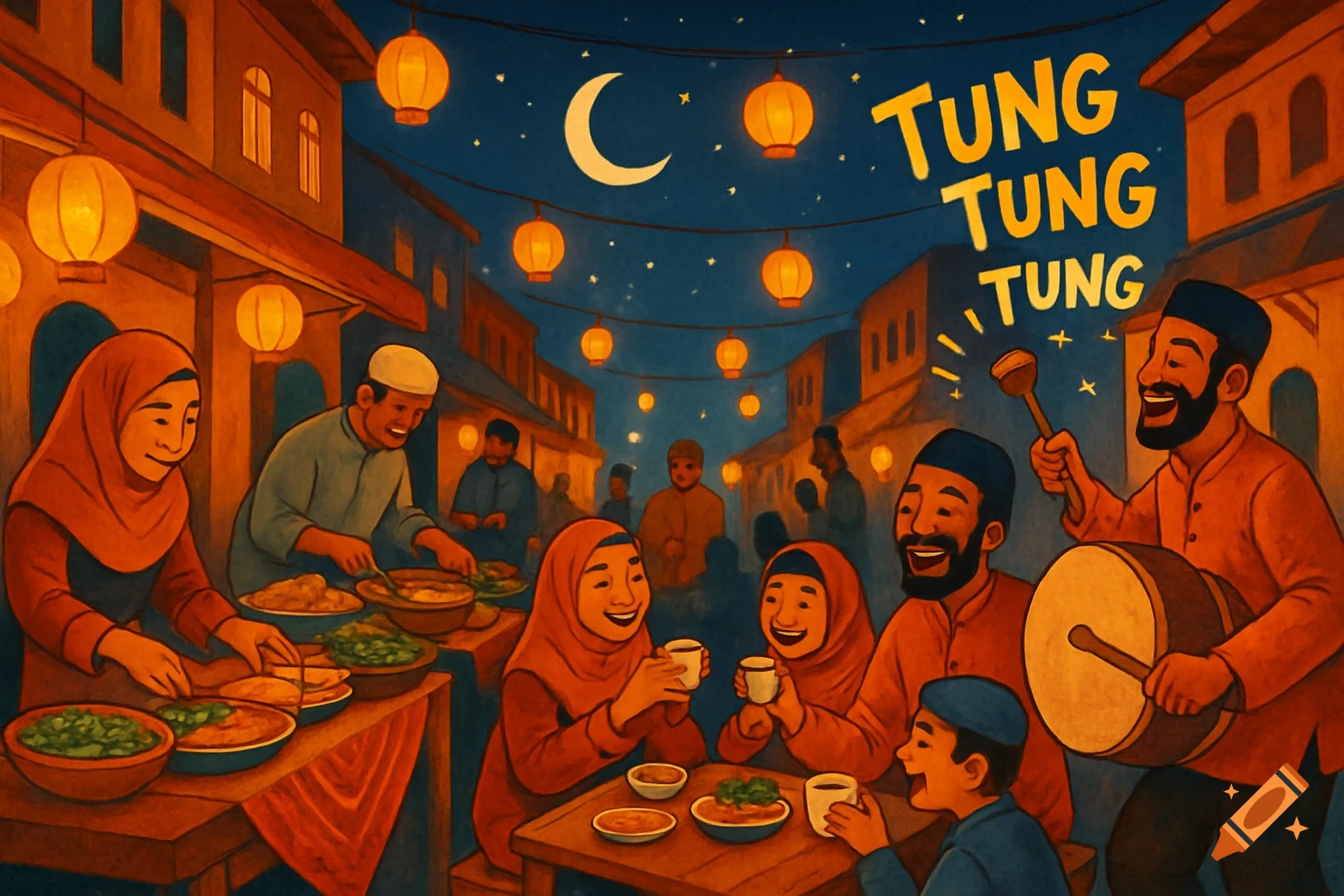 An illustration of a vibrant night market scene with people celebrating Ramadan under a starry sky with lanterns and a crescent moon. Some people are preparing food, others are eating and drinking, and a man plays a drum with text "TUNG TUNG TUNG" above.
