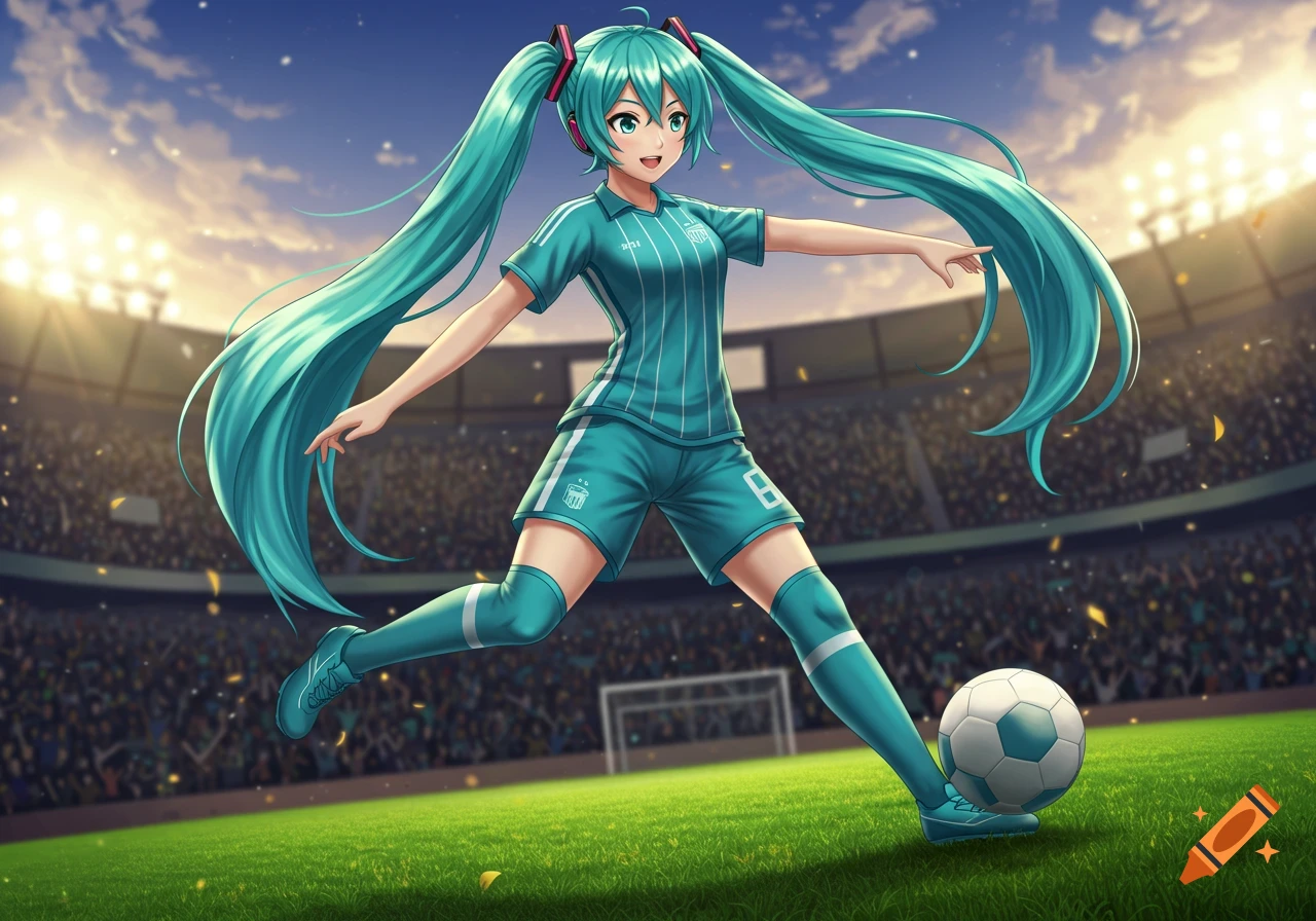 Hatsune Miku, in a teal soccer uniform, kicks a soccer ball in a stadium filled with spectators.