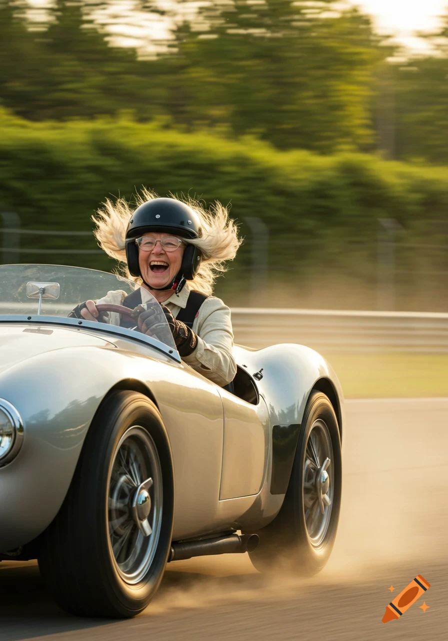 An overjoyed old woman with wind-blown hair and a helmet drives a silver vintage race car on a track.