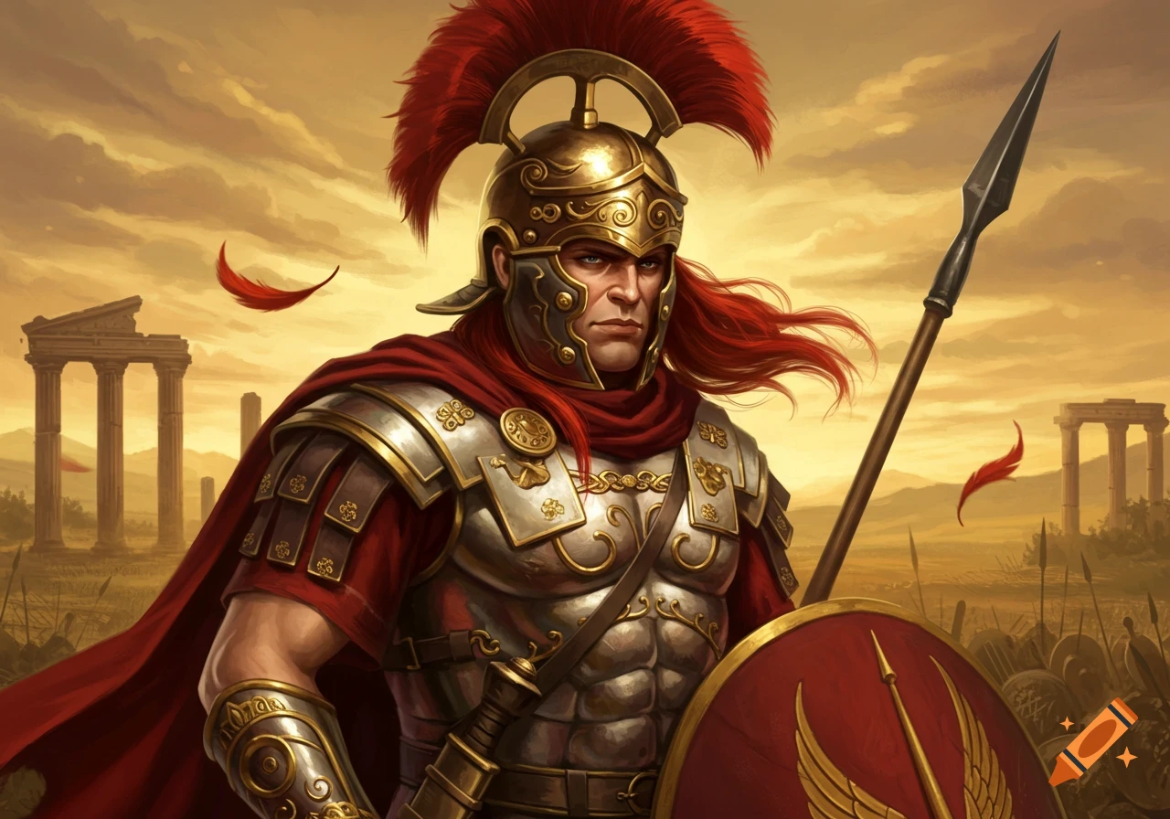 A Roman centurion with long red hair, in ornate armor, holding a spear and shield, on a battlefield with ancient ruins.