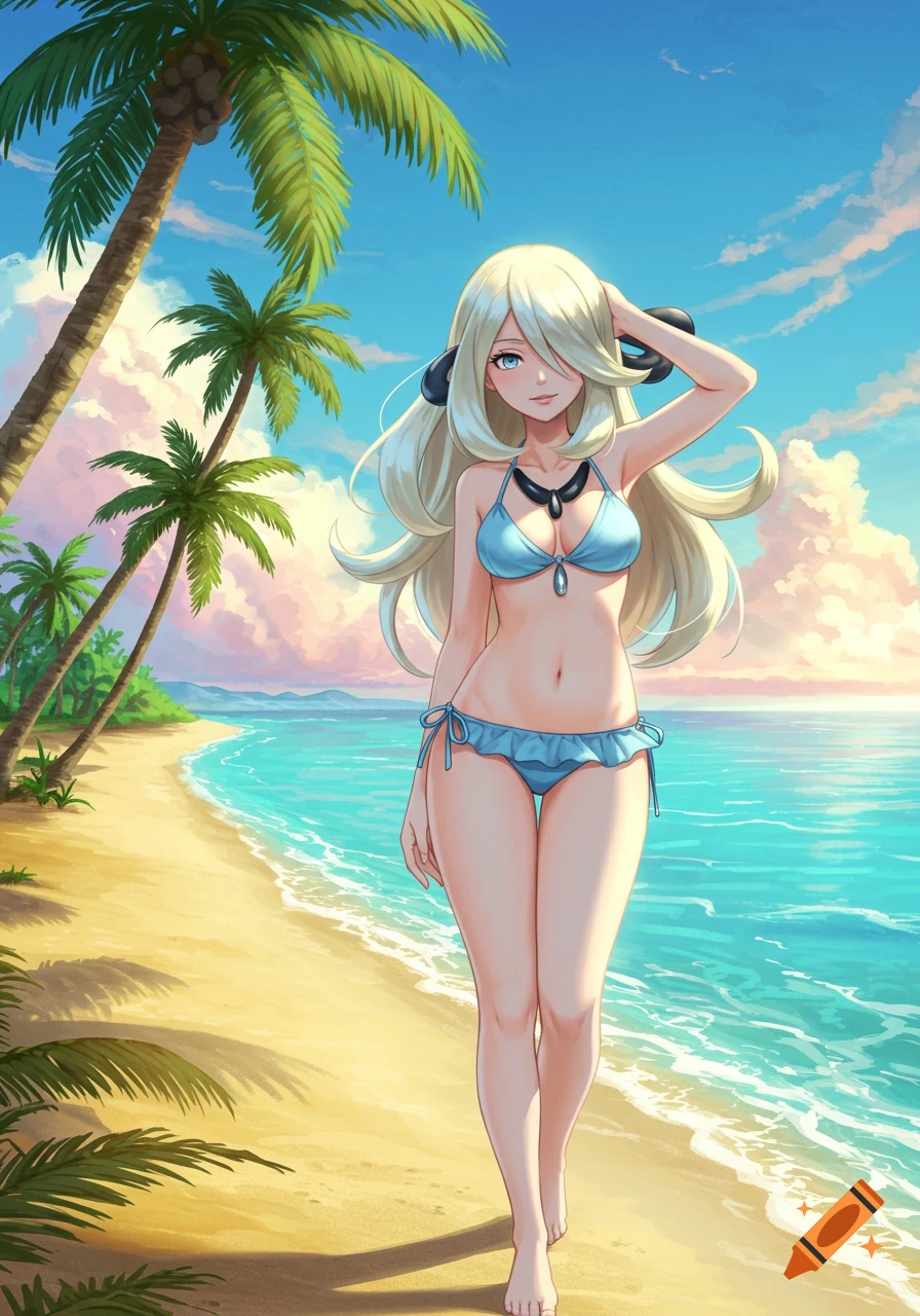 Anime illustration of Cynthia from Pokemon walking on a tropical beach in a blue bikini with palm trees and ocean.