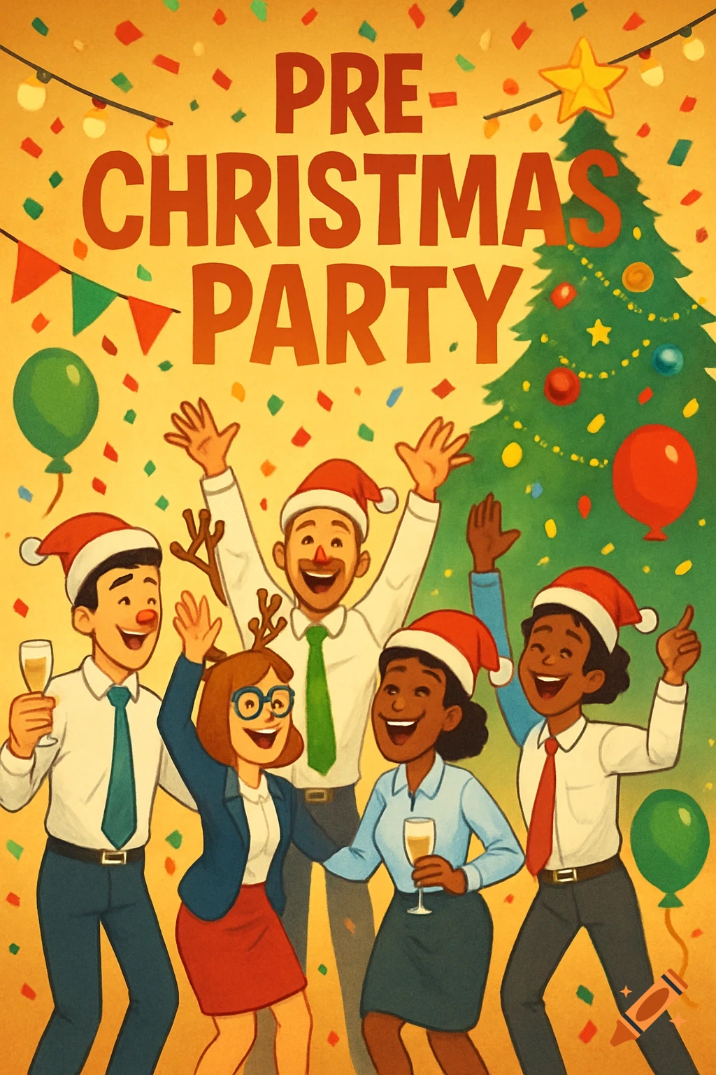 Cartoon of diverse office workers celebrating a festive pre-Christmas party with Santa hats, drinks, a Christmas tree, and confetti.