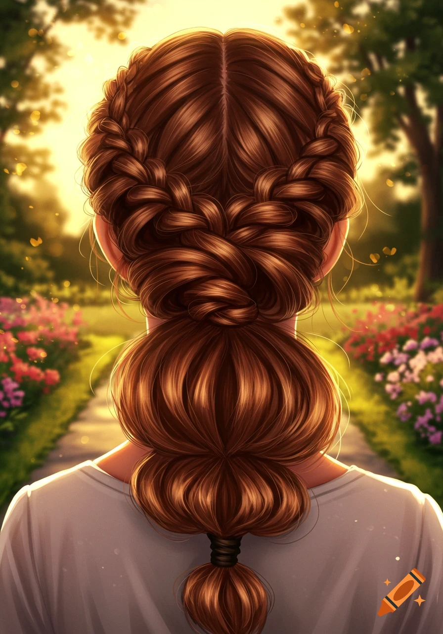Back view of a person with intricate brown braided hair in a bubble braid and bun, walking in a sunlit garden with flowers. Illustrated style.