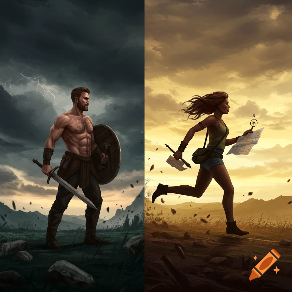 A diptych showing a muscular man in armor with a sword and shield under a stormy sky, and a woman running with a map and sword under a golden sky. Stylized illustration.