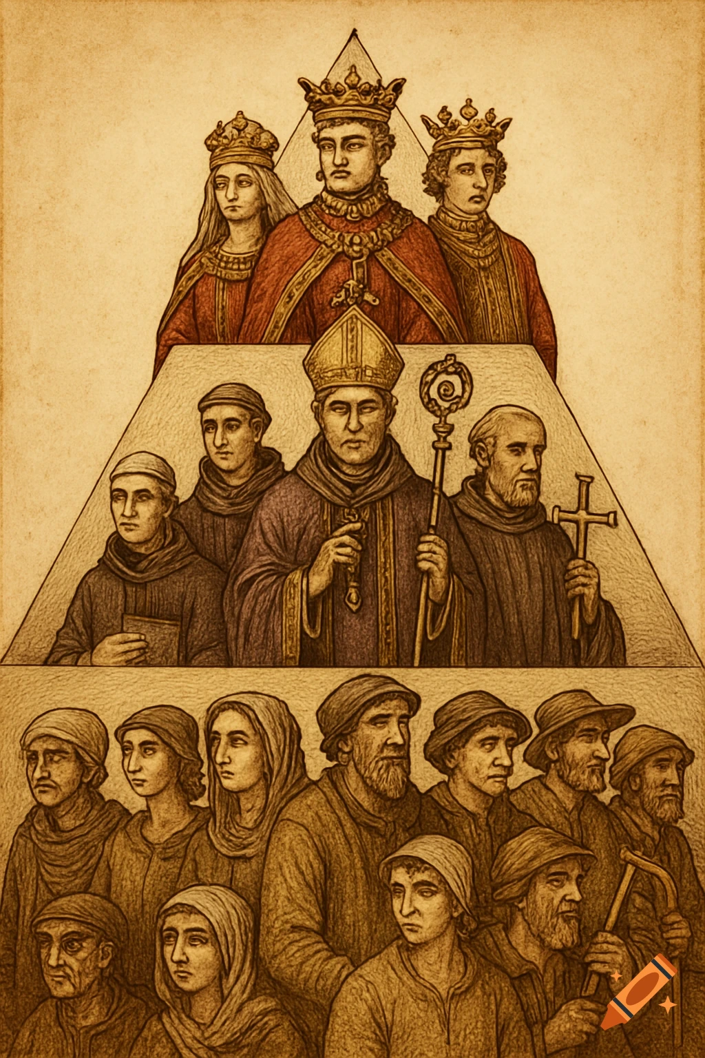 An old-style illustration of a social hierarchy in a triangle, with royalty at the top, clergy in the middle, and common people at the bottom.
