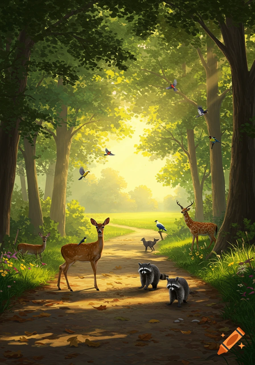 A sunny forest path is filled with wild animals including deer, raccoons, birds, and a fox, in an illustrative style.