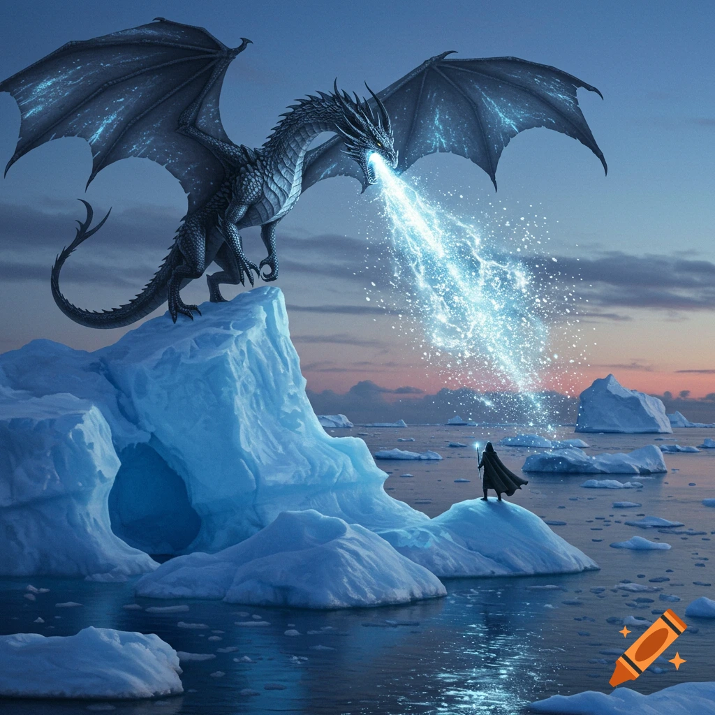 A large, dark dragon perched on an iceberg breathes a stream of glowing ice at a cloaked human figure in a vast icy ocean at dusk.