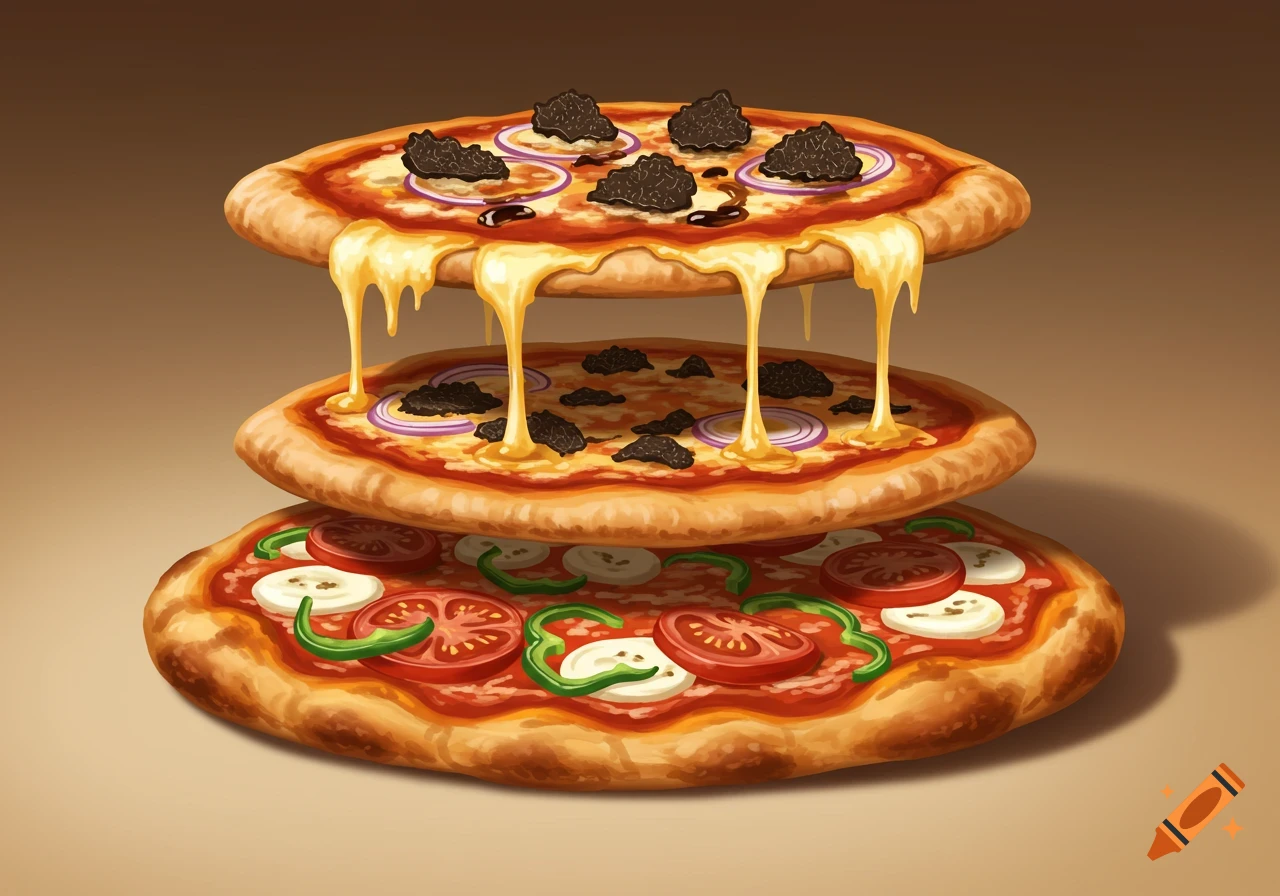 Illustration of three pizzas stacked on each other, with melting cheese dripping from the top layers.