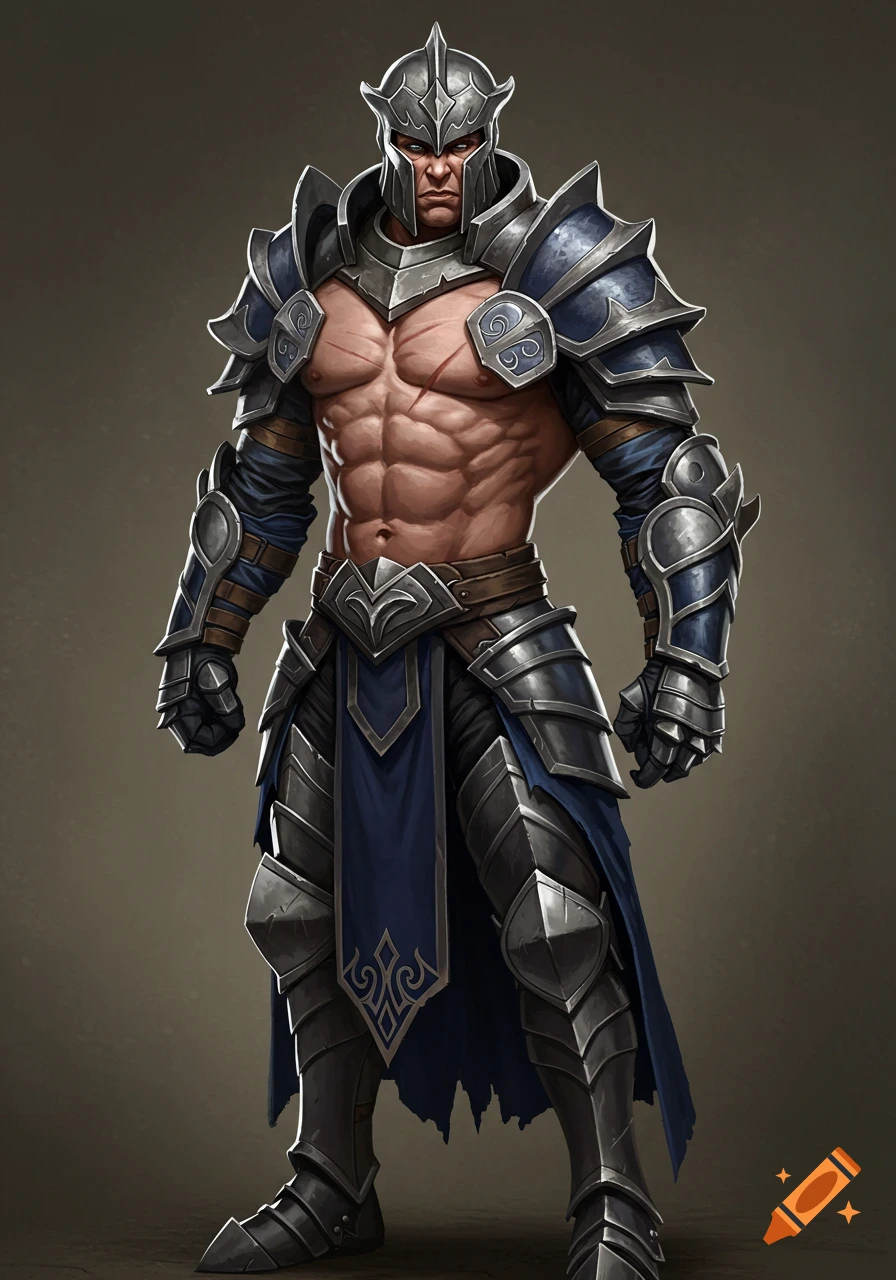 A muscular knight in grey and navy blue fantasy armor with an exposed chest and an intense gaze, standing in a full-length, detailed portrait.