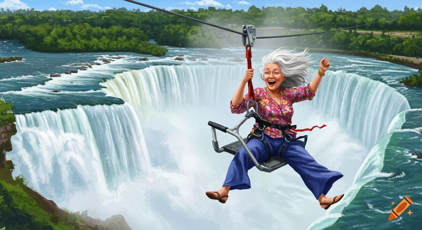 An excited elderly woman with white hair zip-lining across a large waterfall gorge in a bright, illustrated style.